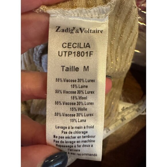 Zadig & Voltaire Shirt Women Medium Gold Metallic Striped Cecilia Henley‎ Tee - Picture 11 of 12